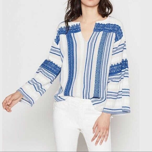 Joie Selbea Top XS Regatta Blue Striped Embroidered Bell Sleeve Cotton Blouse - Picture 2 of 10